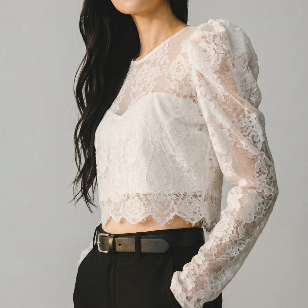 Lulus Ivory Lace Puff Sleeve Cropped Blouse Women's Size XL NWT